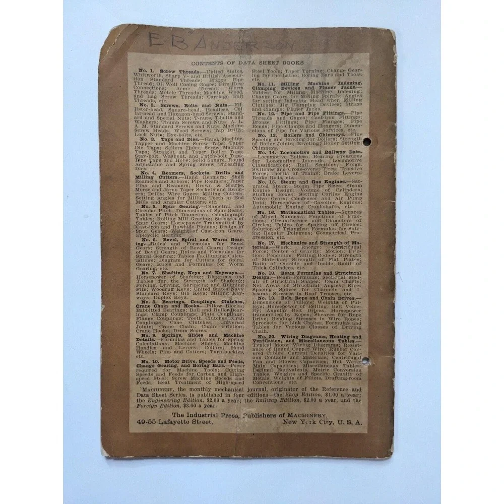 Machinery's Reference Series NO. 53 Use of Logarithms & Logarithmic Tables c1912